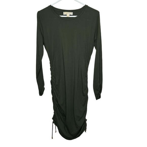 MICHAEL KORS Women Olive Green Stretch Cotton Large Ruched Bodycon T-Shirt Dress - Picture 1 of 4
